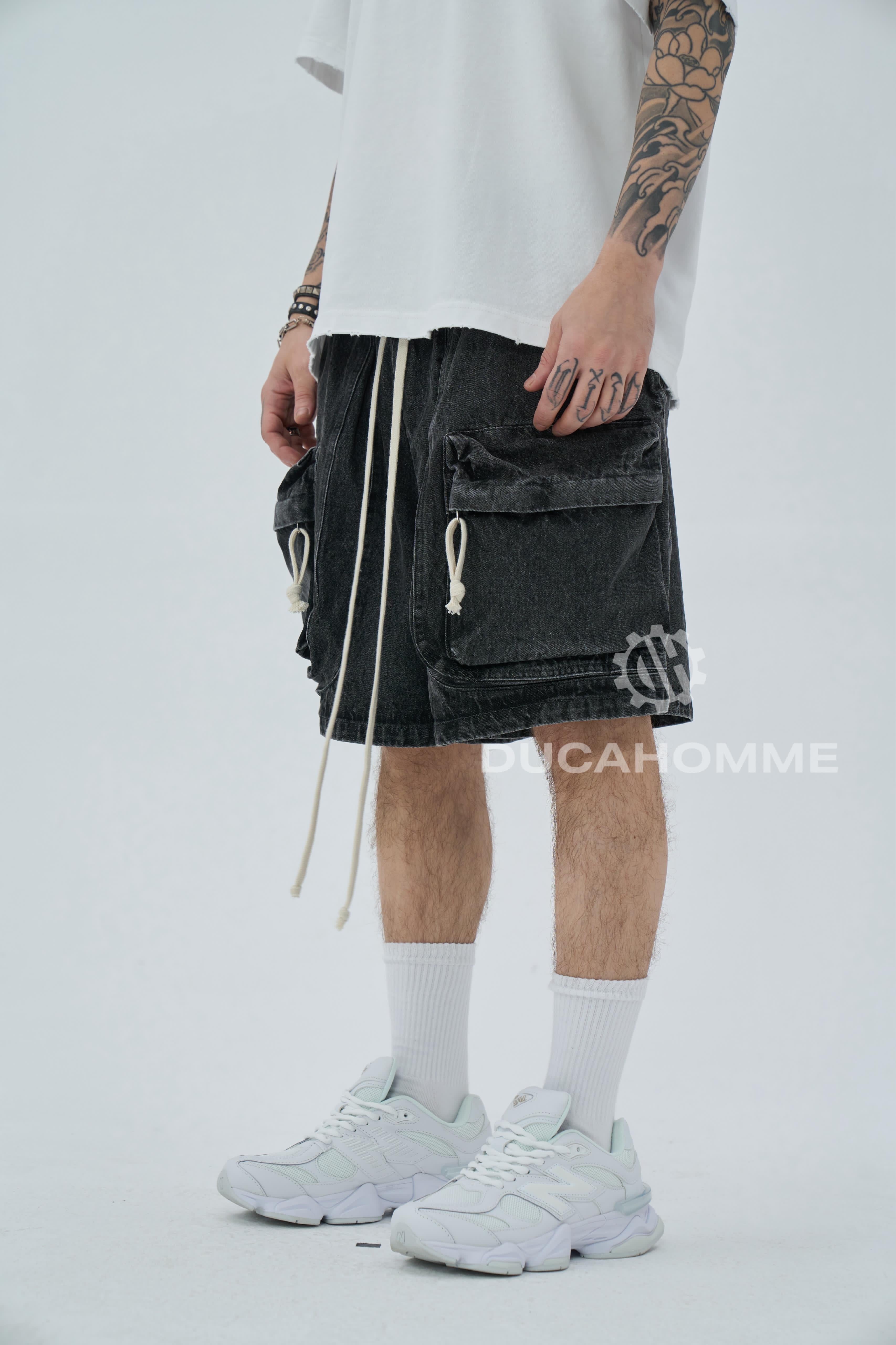 Pantaloncino Cargo Zip Grigio Effetto jeans grigio