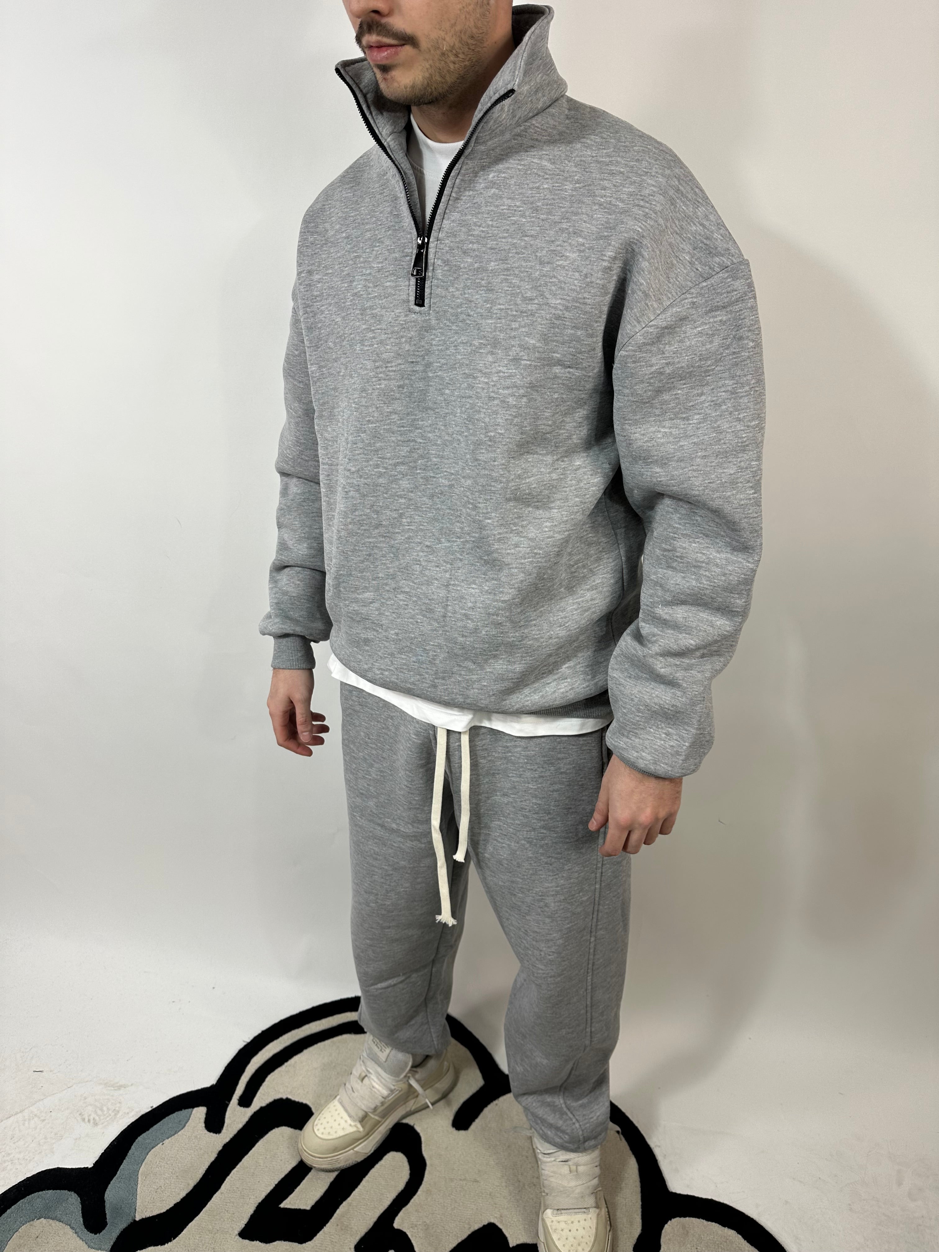 Completo Grigio Cotone Felpato Zip Collo Alto Pantalone Baggy