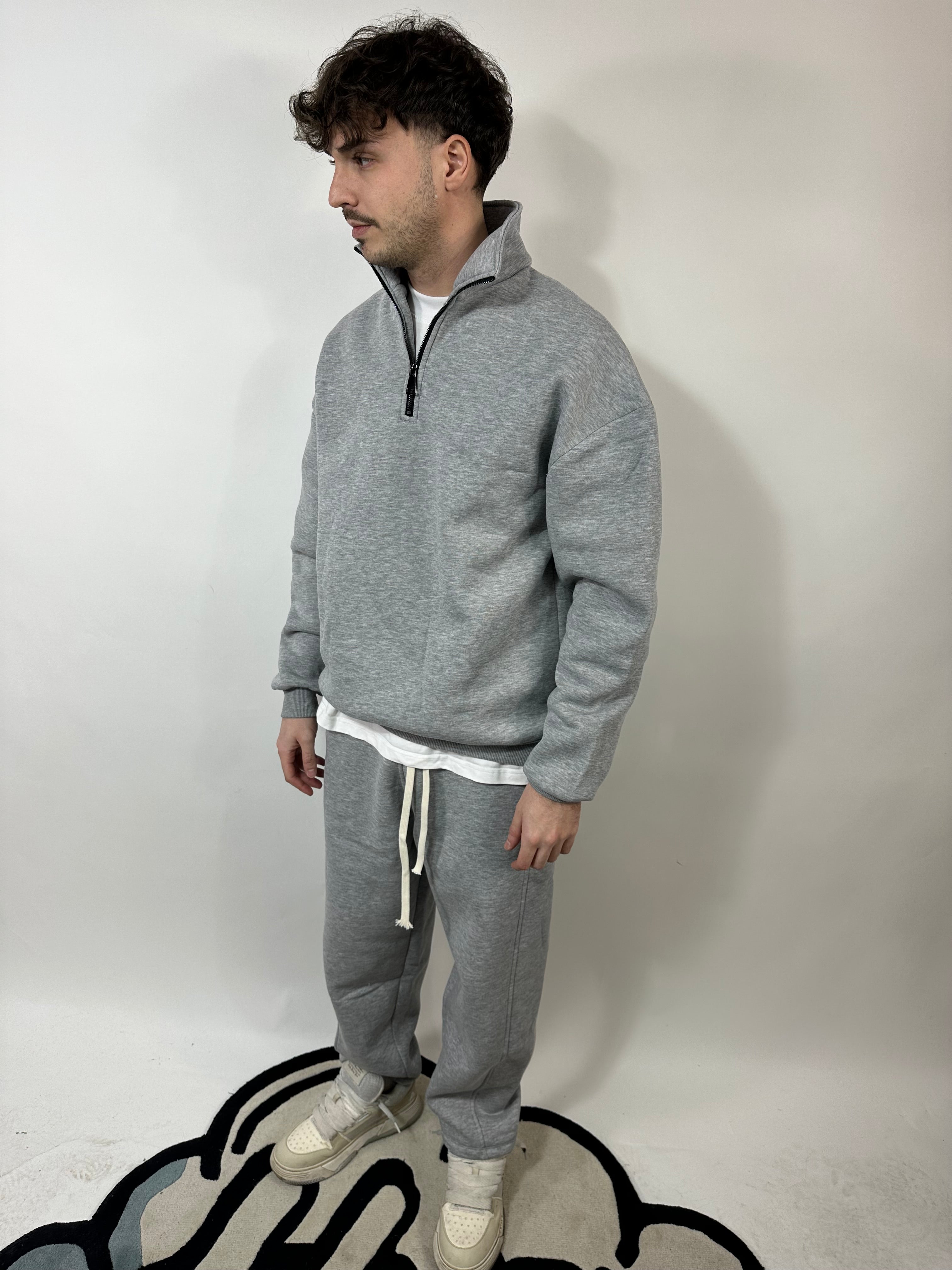 Completo Grigio Cotone Felpato Zip Collo Alto Pantalone Baggy