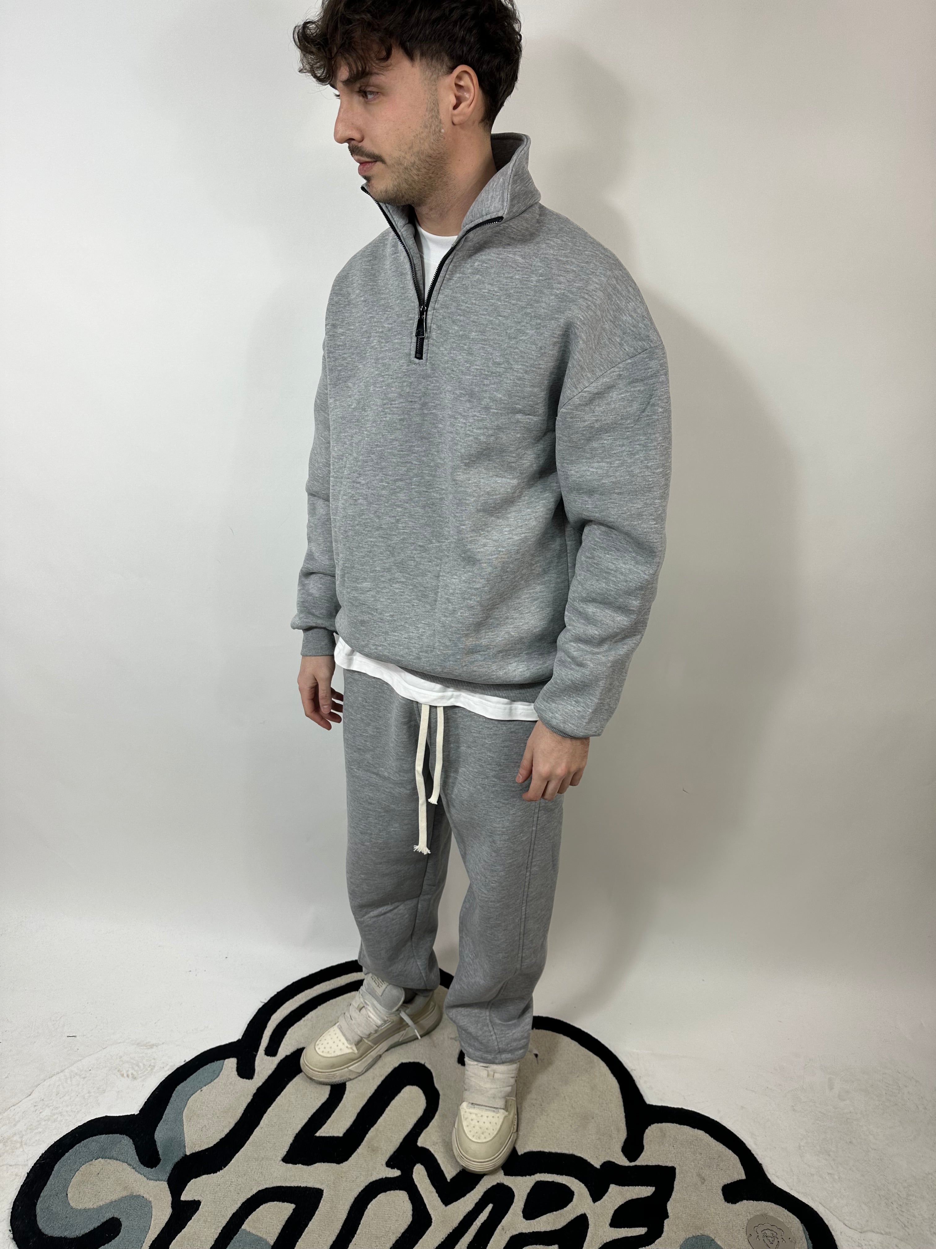 Completo Grigio Cotone Felpato Zip Collo Alto Pantalone Baggy