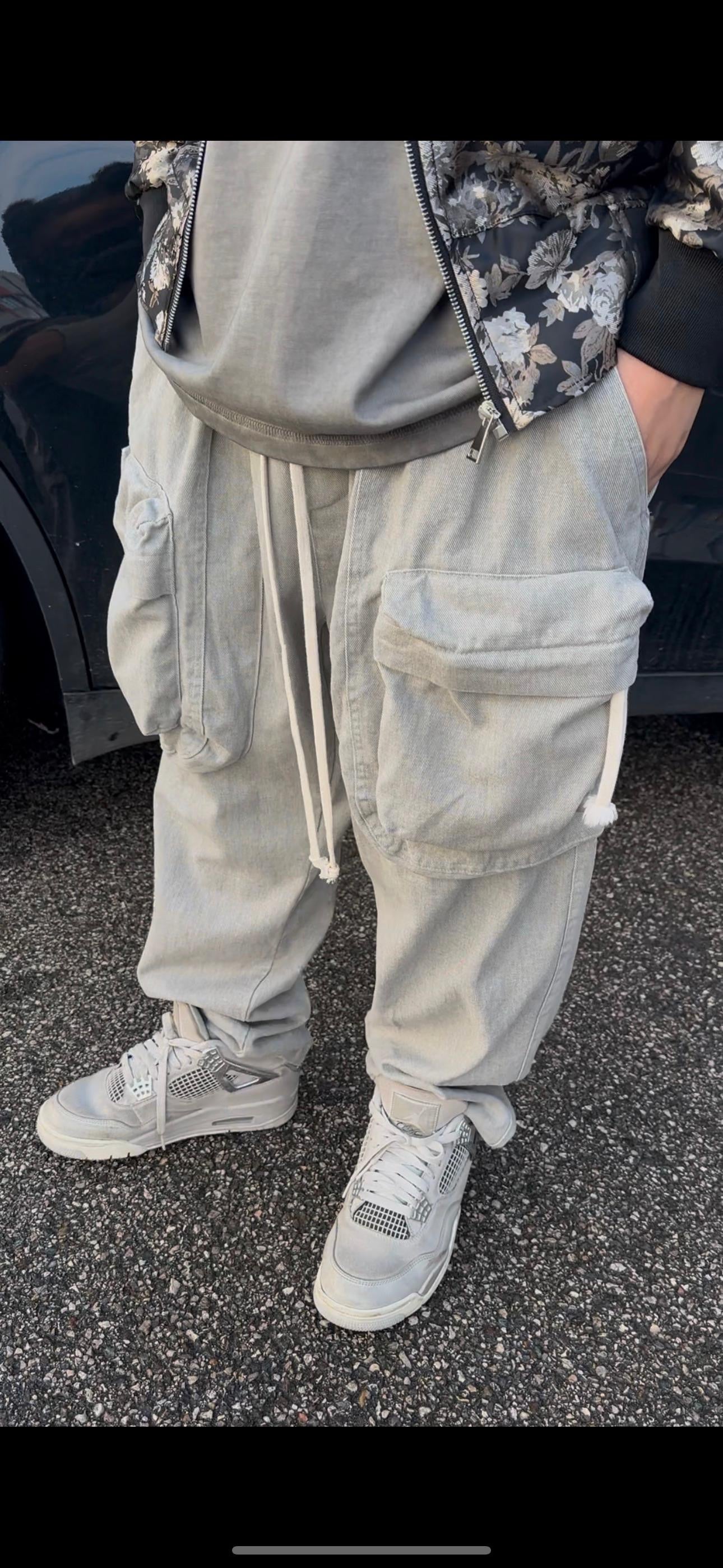 Pantalone Cargo Zip Tessuto Grigio Chiaro