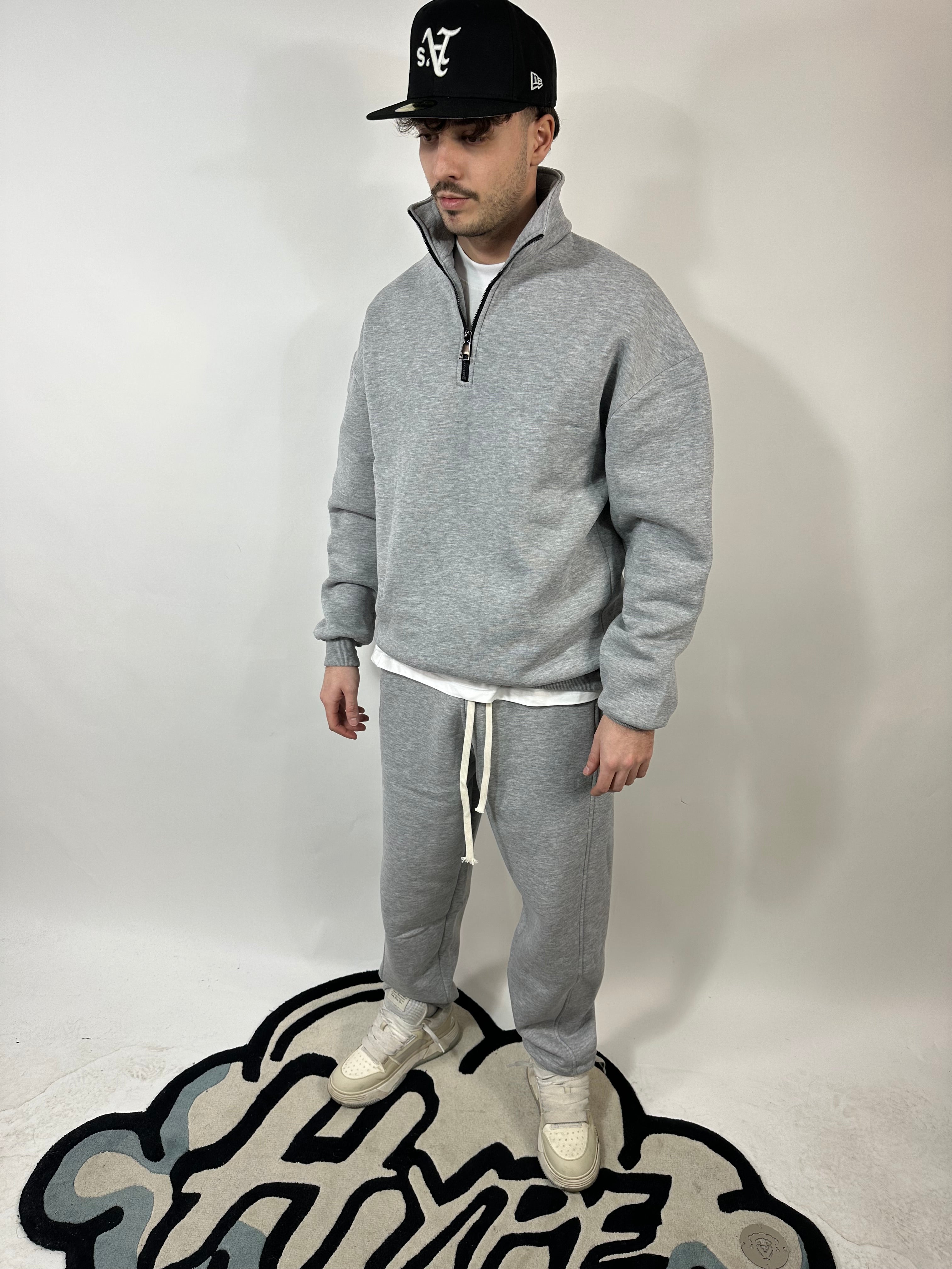 Completo Grigio Cotone Felpato Zip Collo Alto Pantalone Baggy