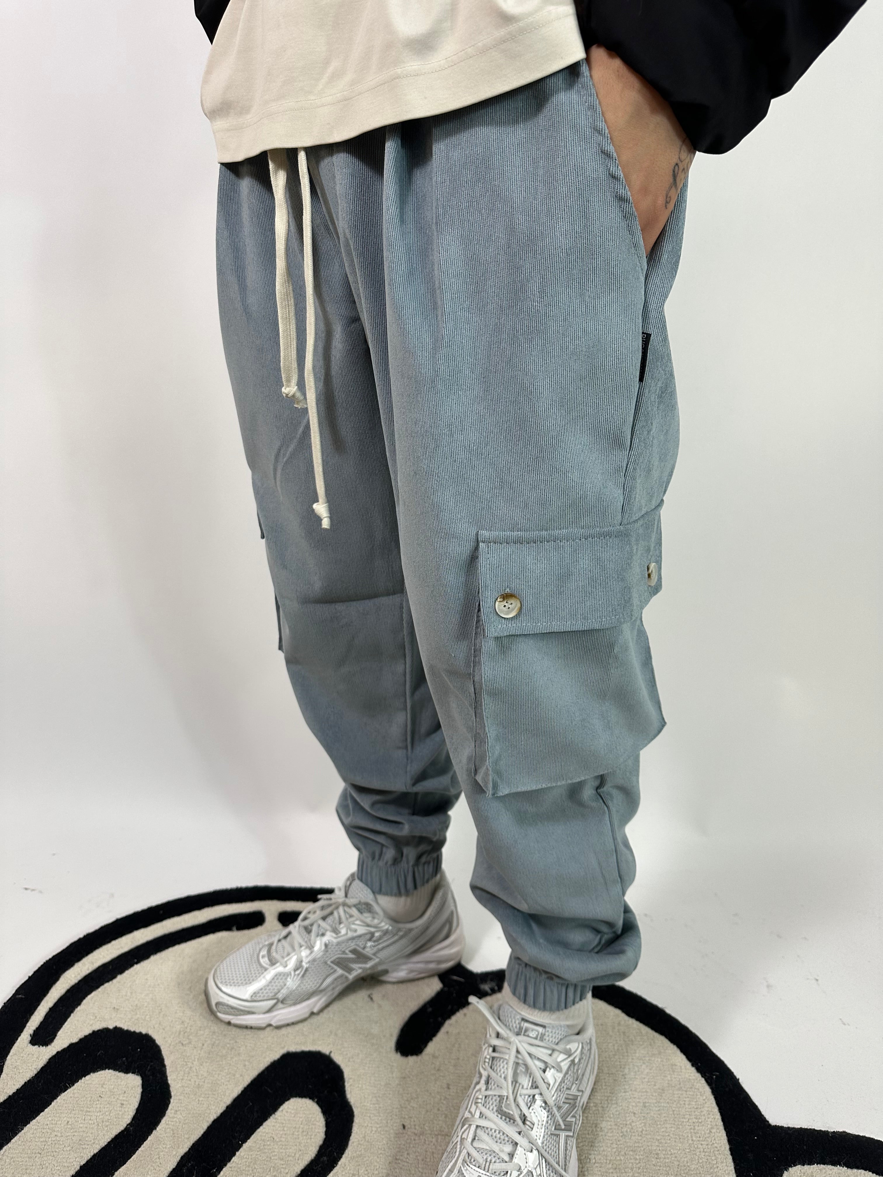 Pantalone Cargo a Costine Leggero Grigio Ghiaccio