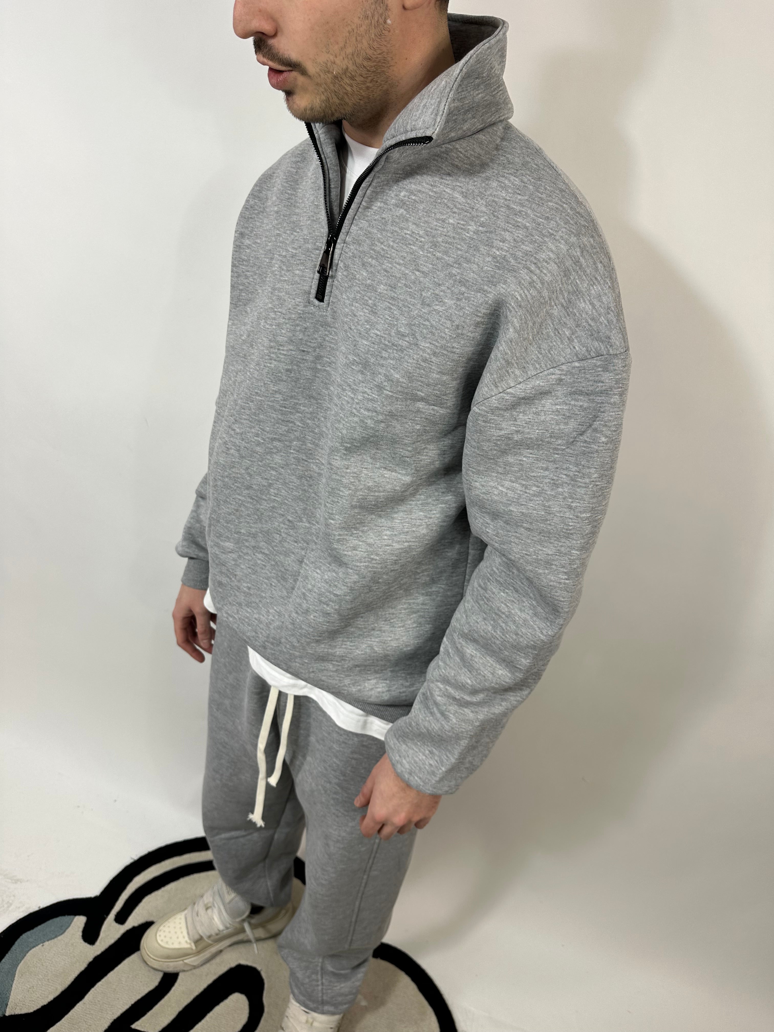 Completo Grigio Cotone Felpato Zip Collo Alto Pantalone Baggy