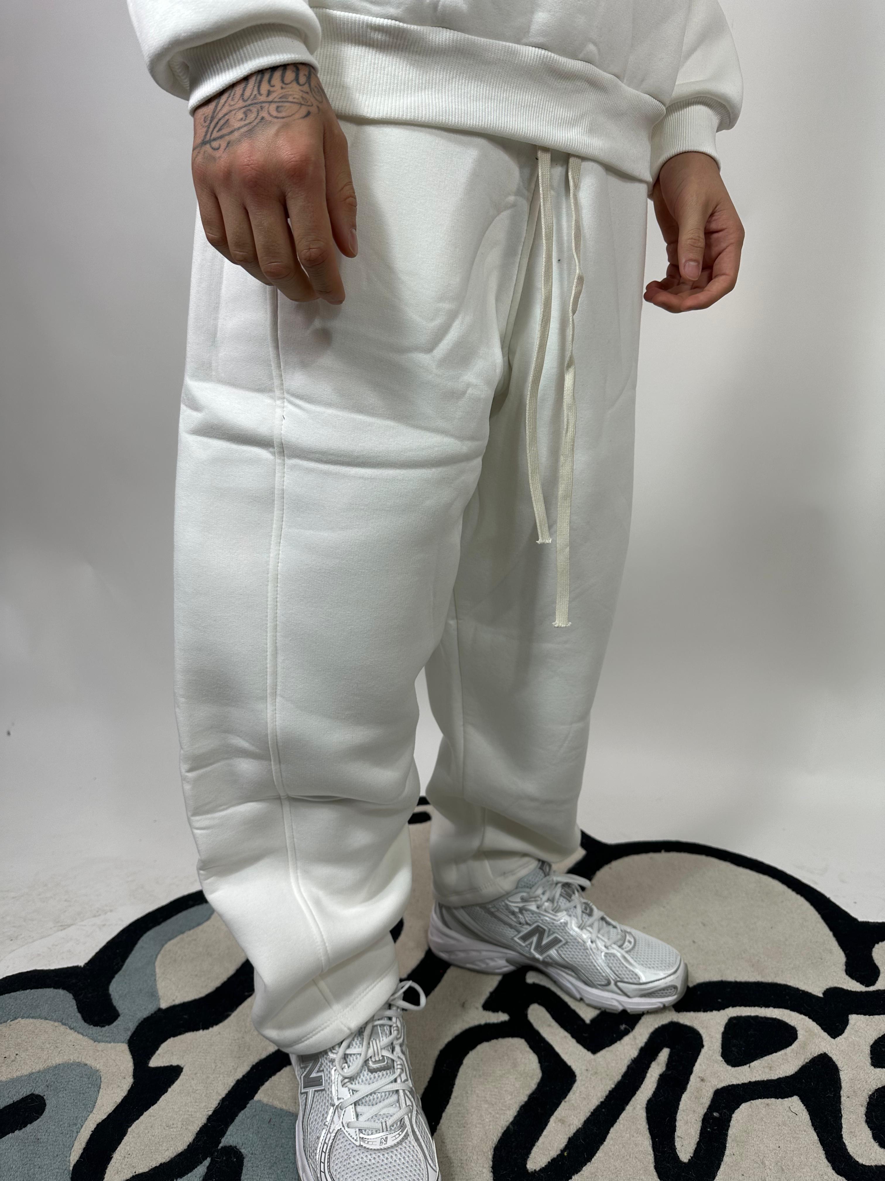 Completo Bianco Cotone Felpato Zip Collo Alto Pantalone Baggy