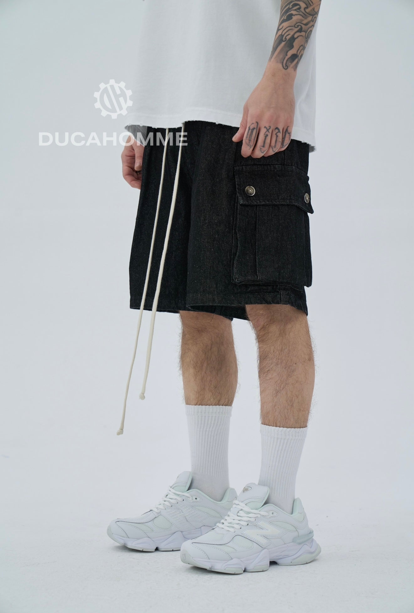 Pantaloncino Cargo Effetto jeans Nero